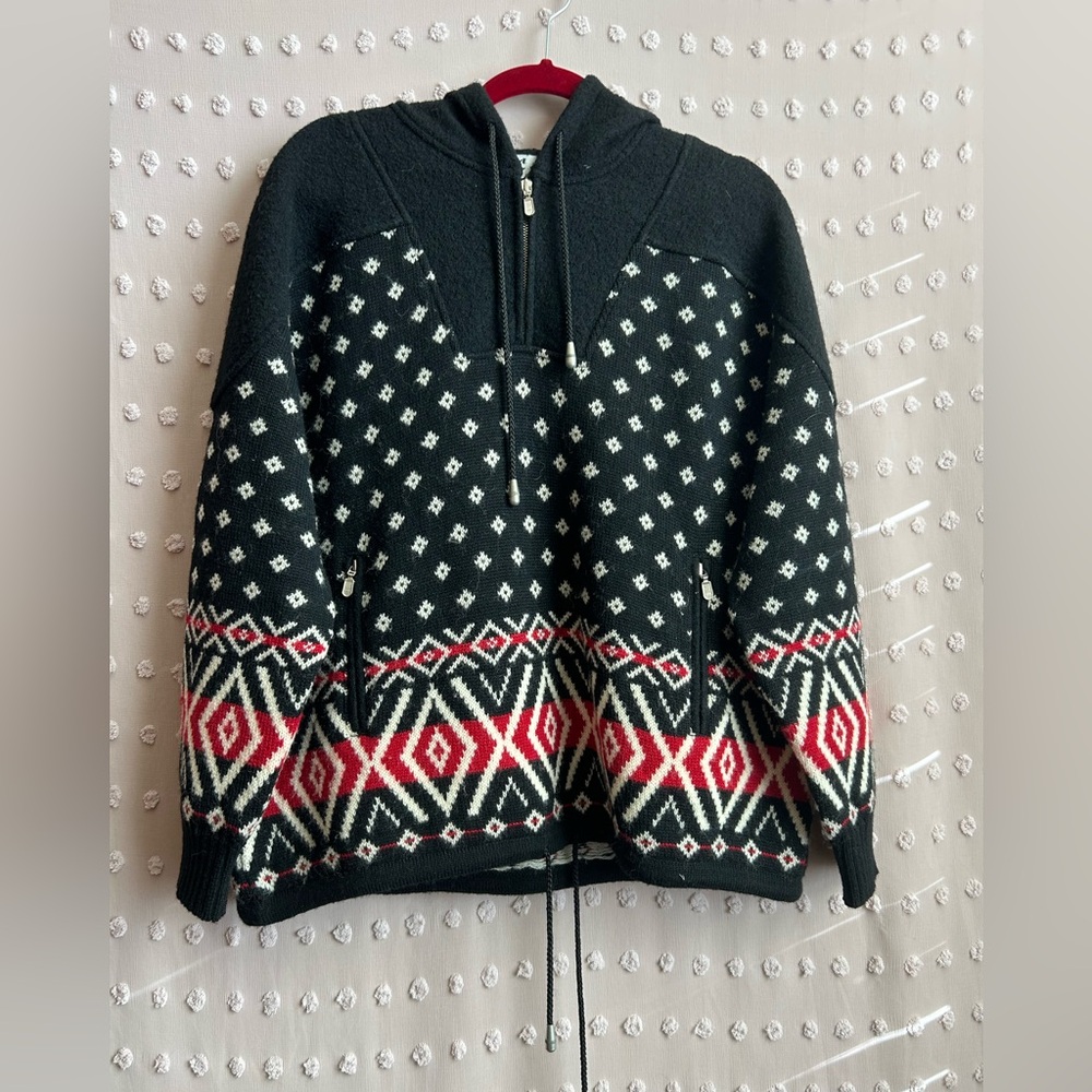 Eir Vintage 100% Wool Fair Isle Hooded Sweater Sz S Black Red